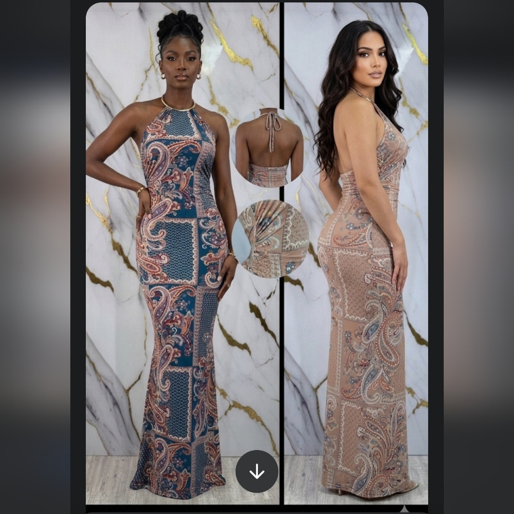 Paisley Halter Maxi Dress Beige Hulter Neck Spandex Dress